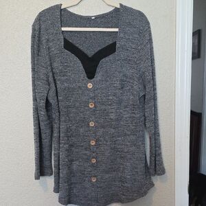Grey Button-Front Knit Top with Black V-Inset